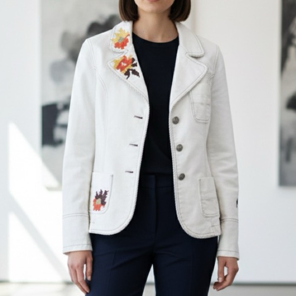 Vintage Y2K Romy B White Stretch Denim Cross Stitch Blazer Size L ( fits M)